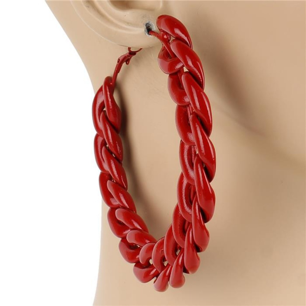 Large Red Chain Link Hoop Earrings Fashion Jewelry Huge Chunky Big 3264 133475 - Picture 2 of 2